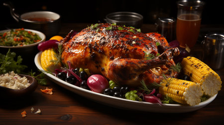 Garnished roasted turkey garnished with black olives and cornの素材