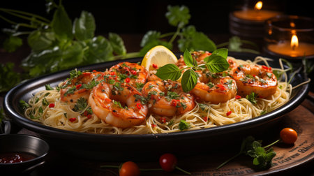 Spaghetti with grilled prawns, herbs and tomato sauce on wooden backgroundの素材