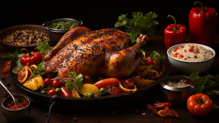 Roasted whole chicken with vegetables and rice on a dark background.の素材