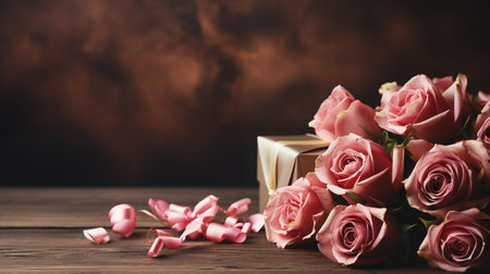 Gift box and pink roses on wooden table. Valentines day backgroundの素材