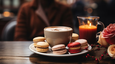 Cup of coffee and macaroons on wooden table in cafeの素材