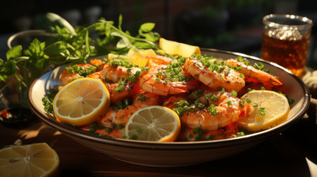 Plate with tasty shrimps and lemon slices on wooden tableの素材