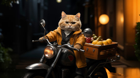 Cat on a scooter in the city at night. A red cat is sitting on a motorcycle. Food deliveryの素材