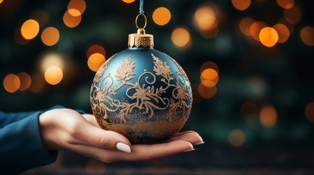 Female hands holding golden christmas ball on bokeh background.の素材