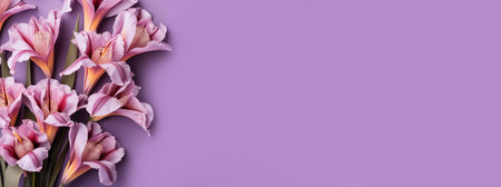 Beautiful pink lily flowers on purple background. Flat lay, top view.の素材