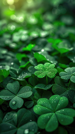Green clover leaves with water drops. St. Patrick's Day backgroundの素材