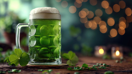 Glass of beer with clover leaves on wooden table and bokeh background. St.Patrick 's Dayの素材