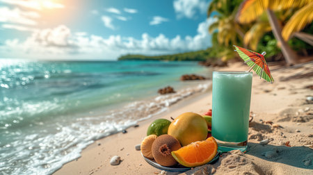 Cocktail and fruits on the beach. Colorful summer backgroundの素材