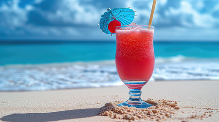 Strawberry cocktail on tropical beach with turquoise sea backgroundの素材