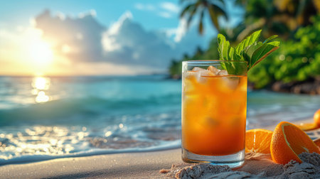 Glass of orange juice with ice and mint on sandy beach with palm trees on backgroundの素材