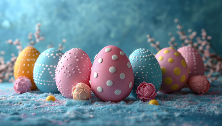 Colorful painted easter eggs on blue background, 3d renderの素材