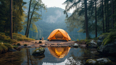 Camping in the woods with a tent in the middle of the lake. The concept of active tourismの素材