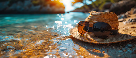 Straw hat and sunglasses on the beach. Selective focus. Nature. The concept of active tourismの素材