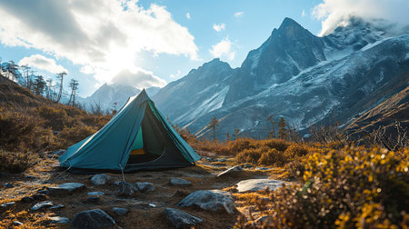 Camping in the mountains on a background of snow-capped peaksの素材