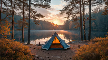 Camping on the shore of a lake at sunrise in autumn.の素材