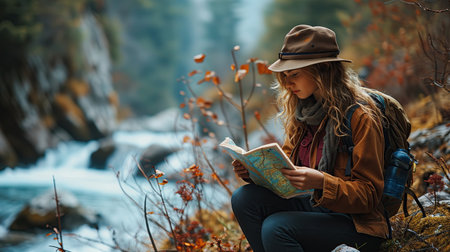 A young woman in a hat and a backpack is sitting on the rocks and reading a map. The concept of active tourismの素材