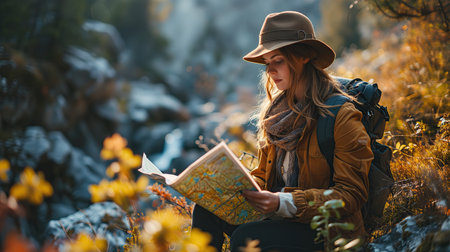 A young woman in a hat and a backpack is sitting on a rock and looking at a map. The concept of active tourismの素材