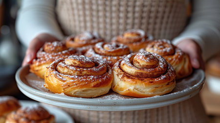 Freshly baked cinnamon buns on a plate held by a womanの素材
