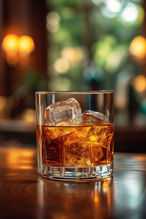 Glass of whiskey with ice cubes on wooden table in pub or restaurantの素材