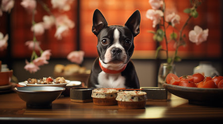 Cute Boston Terrier dog in a Japanese restaurant with sushi and rollsの素材