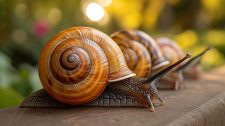 Snail crawling on wooden table with bokeh background, closeupの素材
