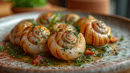 Baked snails with herbs on a plate, close-upの素材