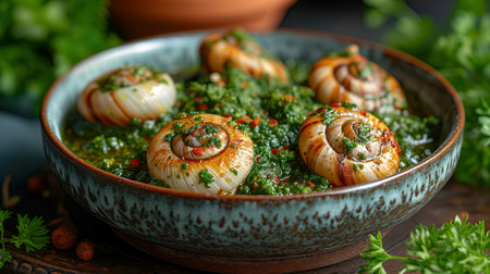 Baked snails with garlic and parsley on a wooden backgroundの素材