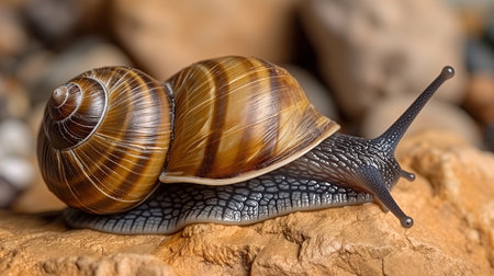 Snail crawling on a stone in the garden. Close-up.の素材