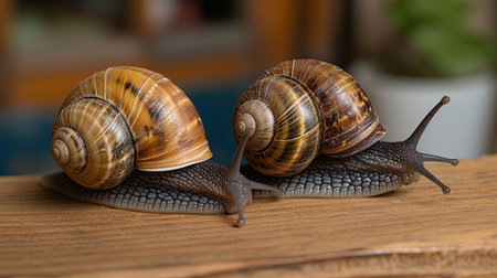 Two snails on a wooden table. Close-up view.の素材