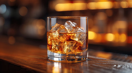 Glass of whiskey with ice cubes on wooden table in bar, closeupの素材