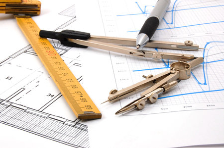 architecture or business still life with plans as background