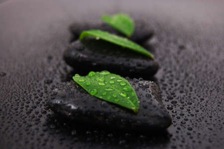 wellness massage or bath concept with zen stones leafes and water dropの写真素材
