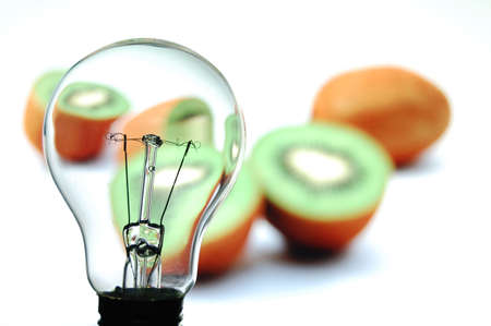 bulb and fruit showing concept of healthy foodの写真素材