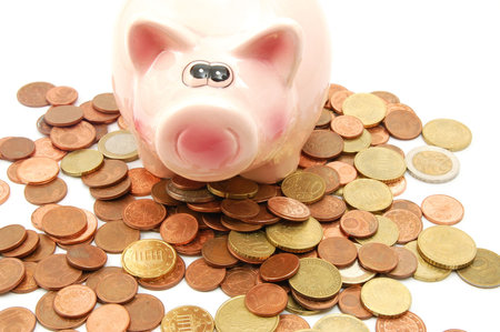 piggy bank and money coins for saving cash                                    の写真素材