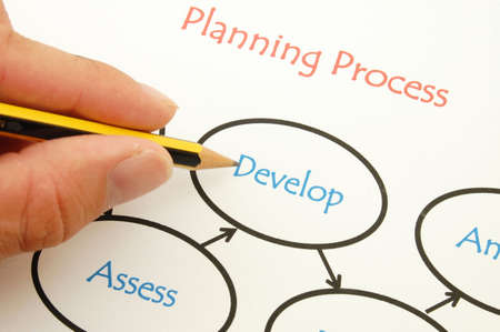 analysing business plan with pan an paper in the office                                    の写真素材