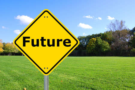 future concept with yellow road sign and copyspace                                    の写真素材