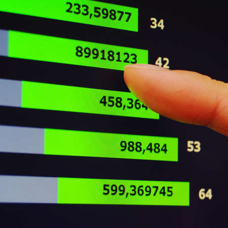 analyzing financial growth or business data on computer lcd screen                                     の写真素材