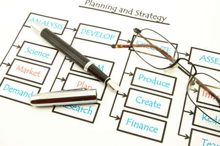 analysing business plan with pan an paper in the office                                    の写真素材