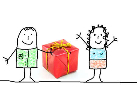 xmas or christmas gift or present with illustration of young coupleの写真素材