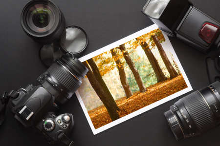 vacation or travel image concept with camera and lensの写真素材