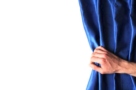 curtain hand and blank white background with copyspaceの写真素材