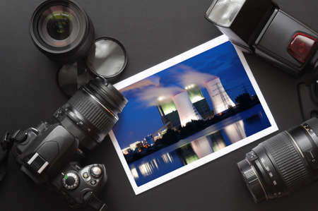 vacation or travel image concept with camera and lensの写真素材