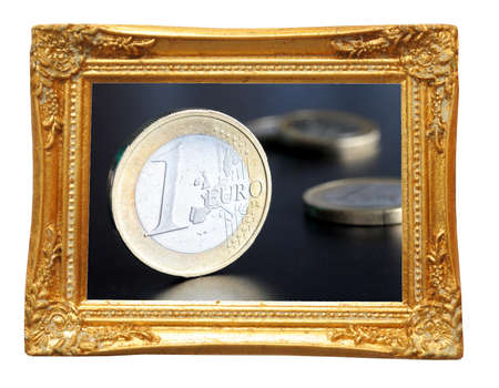 euro money and image frame isolated on white backgroundの写真素材
