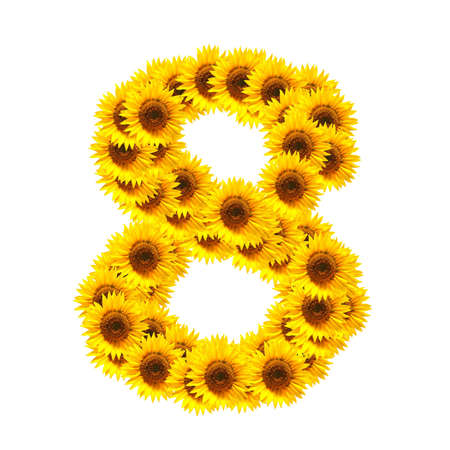 flower alphabet and numbers with sunflowers isolated on white backgroundの写真素材