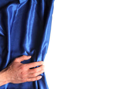 curtain hand and blank white background with copyspaceの写真素材