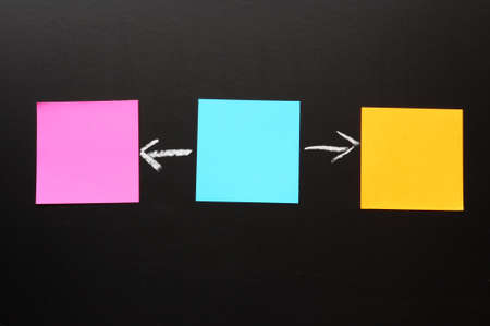 blank sheet of paper on empty black board and chalk arrowの写真素材