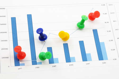 business growth chart with colorful pins on white backgroundの写真素材