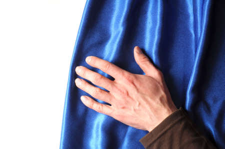 curtain hand and blank white background with copyspaceの写真素材