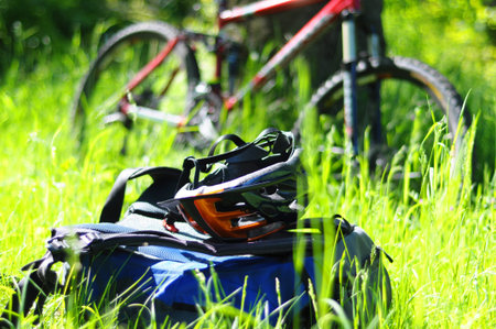 mountain bike with helmet showing safety or sports concept in nature