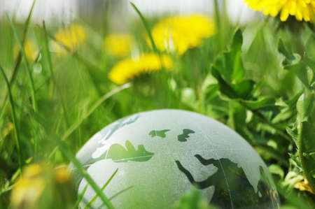 glass globe or earth in green grass showing eco concept with copyspaceの写真素材